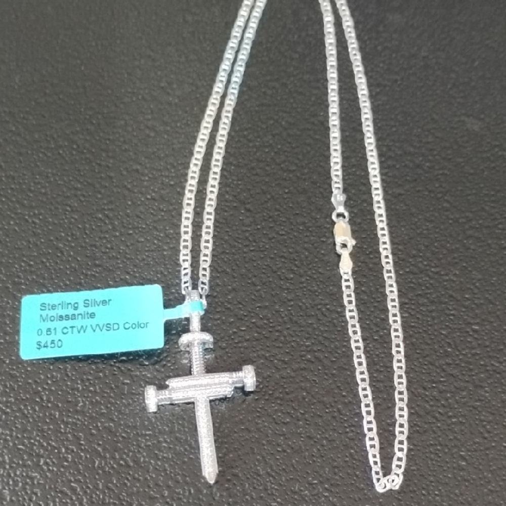 Sterling Silver Nail Cross Pendant Necklace with Moissanite